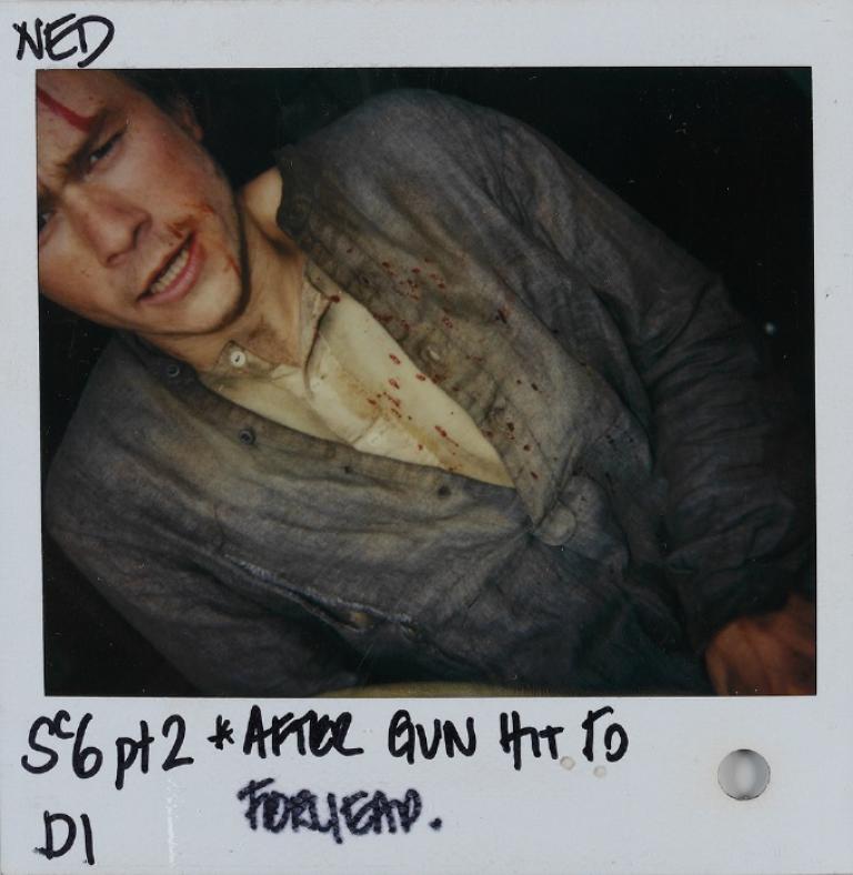 Polaroid photo of Heath Ledger in Ned Kelly costume witrh blood splatters.