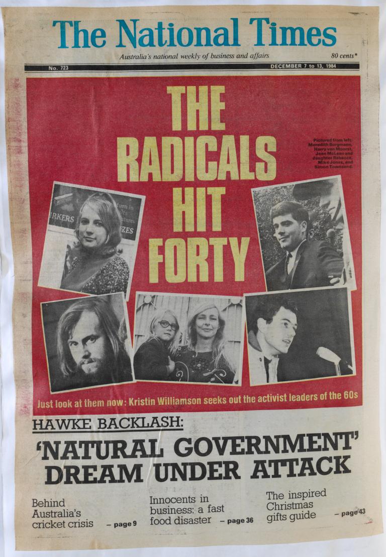 Front page of The National Times newspaper from December 1984 which has a headline that reads 'The Radicals Hit Forty'. There are a number of young men and women pictured on the front, including Simon Townsend.