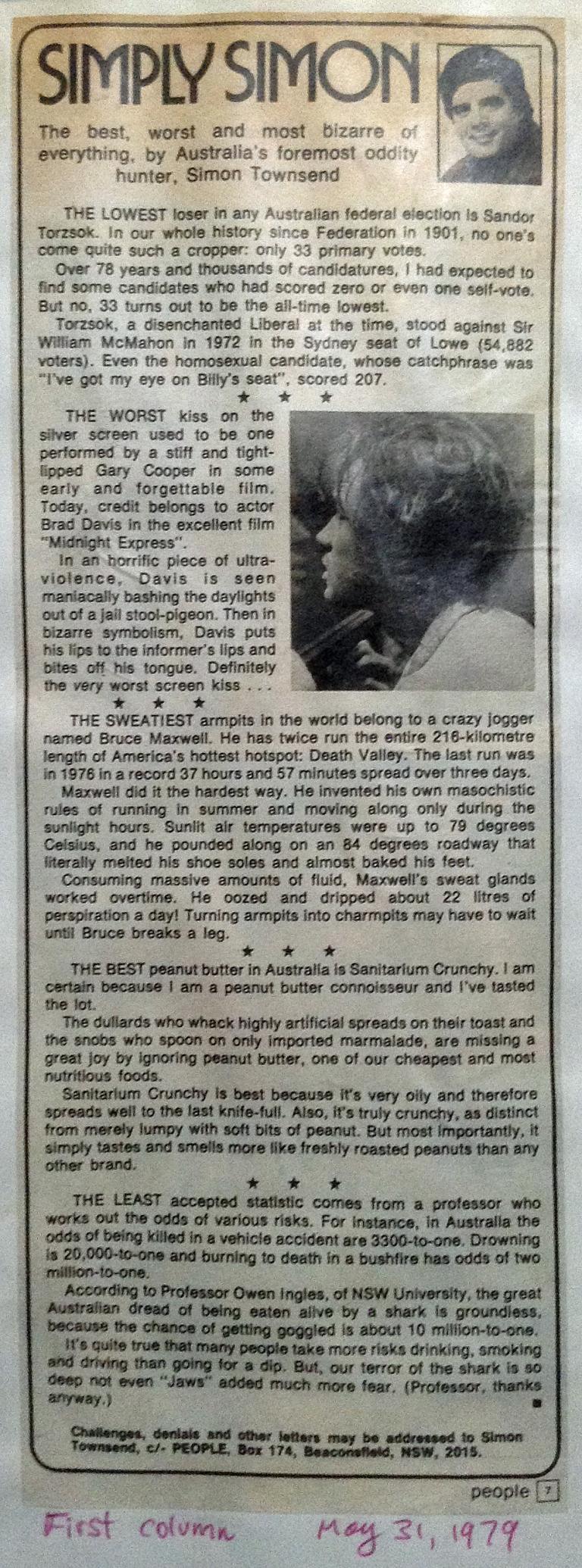 An article from 'People' written by Simon Townsend. The article is titled Simply Simon: the best, worst and most bizarre of everything by Australia's foremost oddity hunter, Simon Townsend.