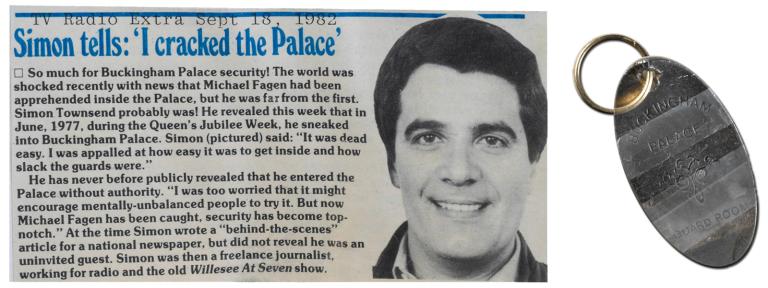 Newspaper article about Simon Townsend at Buckingham Palace. A close-up of Simon's face is included with the article. Next to the article is an oval-shaped silver key ring from Buckingham Palace.