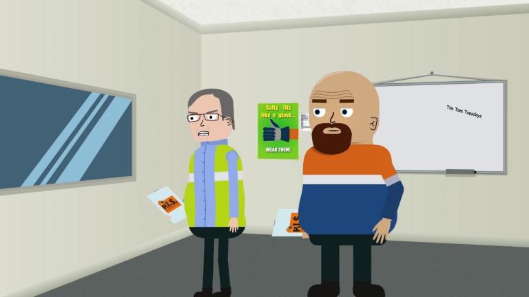 Two cartoon characters in a office space