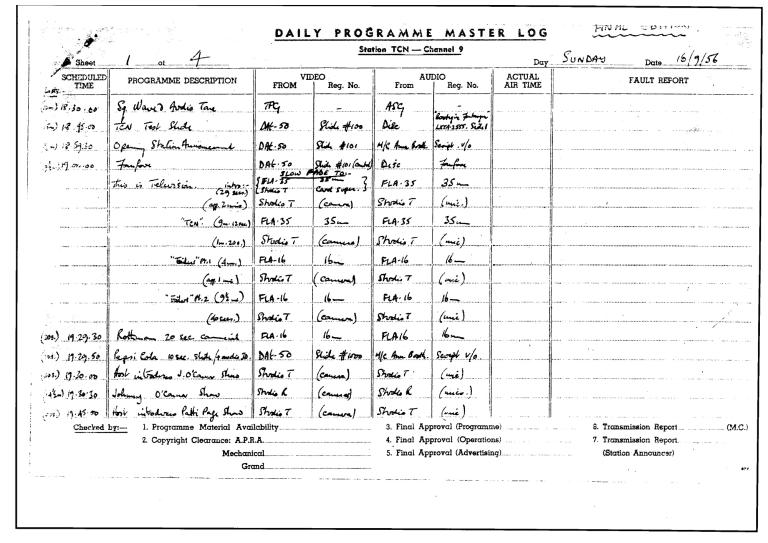 TCN9 Daily programme master log page 1 from 16 September 1956