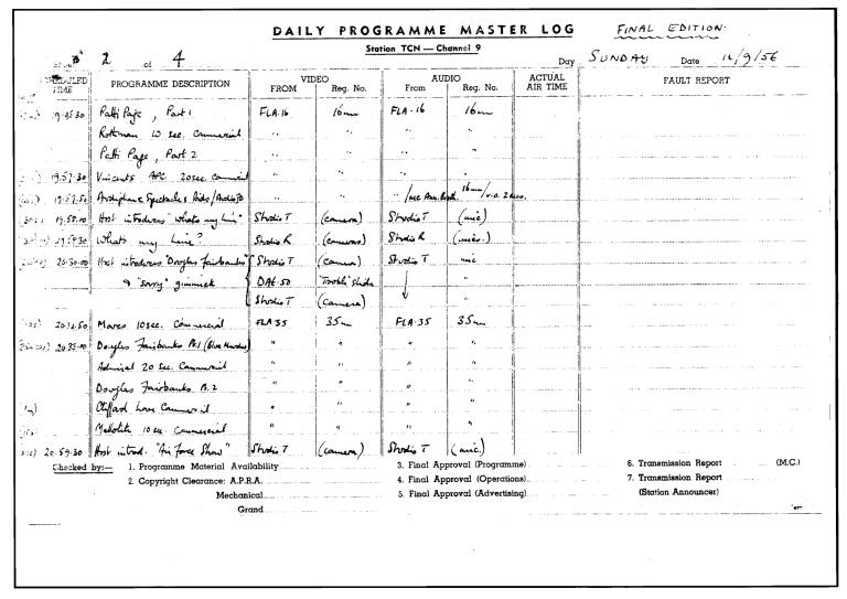 TCN9 Daily programme master log page 2 from 16 September 1956