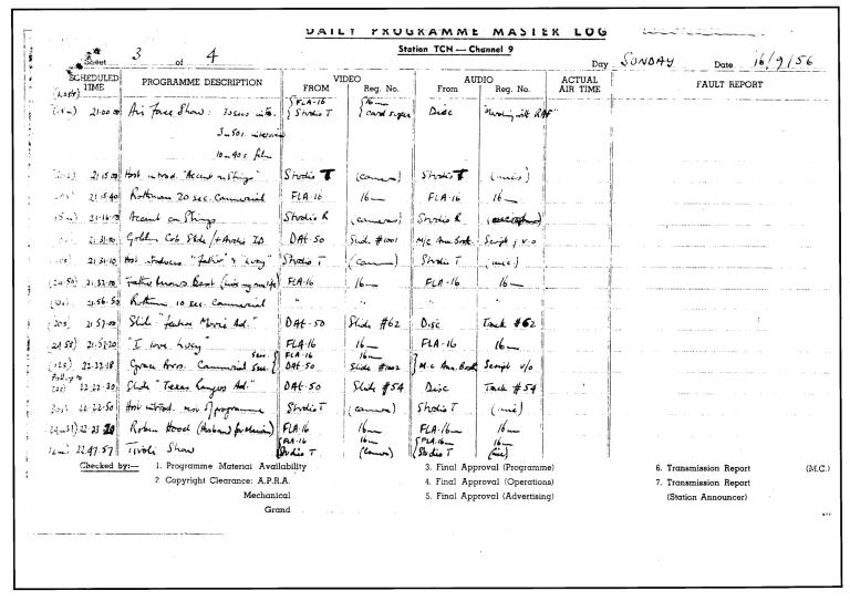 TCN9 Daily programme master log page 3 from 16 September 1956