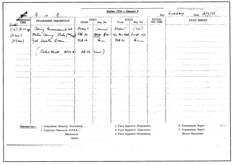 TCN9 Daily programme master log page 4 from 16 September 1956