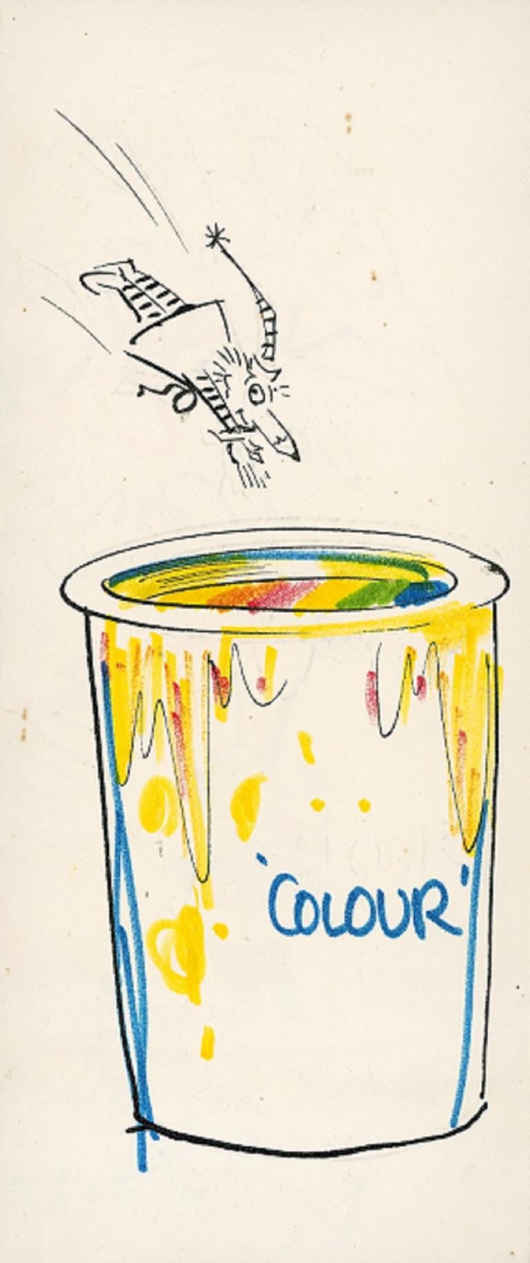 Handmade card of Mr Sqiggle diving into a pot of multi-coloured paint