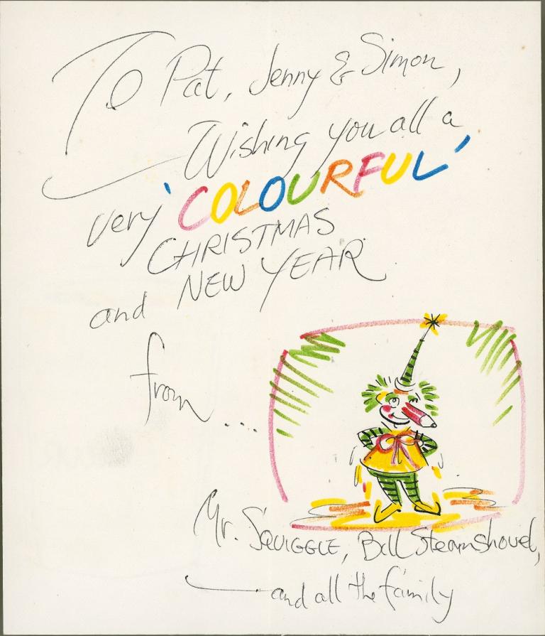 The word 'colourful' is in multiple colours on this handmade Christmas card also featuring Mr Squiggle