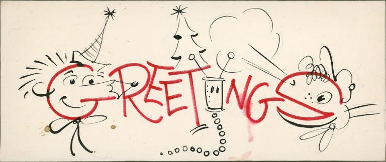 The cartoon heads of Mr Squiggle and Bill Steamshovel form both the letter G and S in the word 'Greetings' on this Christmas card