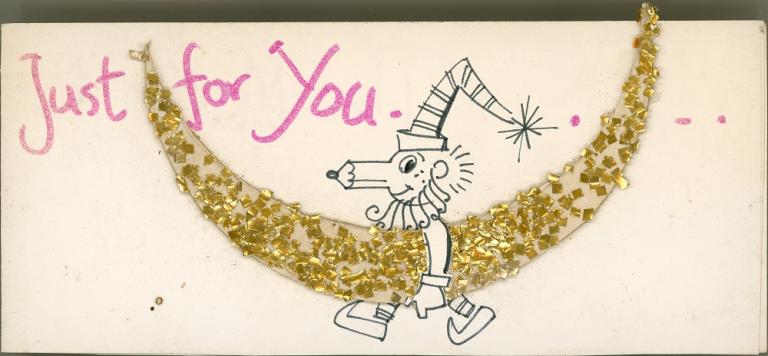 A cartoon charatcter carries a drawing of a moon covered in gold glitter under his arm