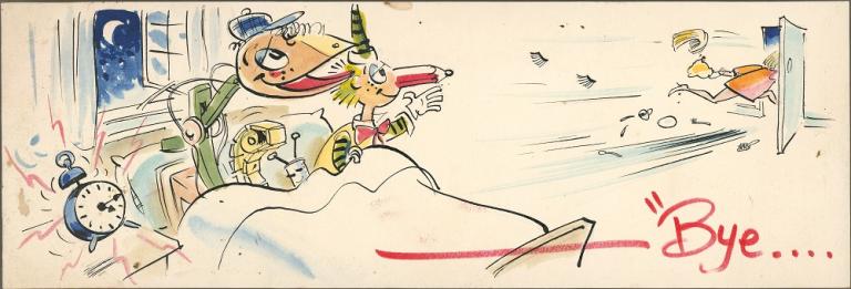 Drawing of three cartoon characters in bed with an a woman running out of the room and an alarm clock ringing
