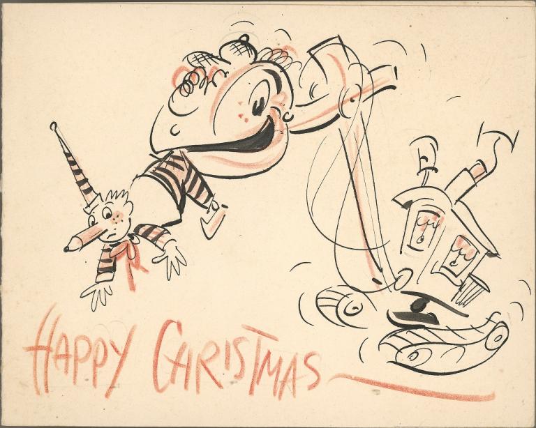 Handmade Christmas card shows a cartoon steam shovel holding another character in its mouth