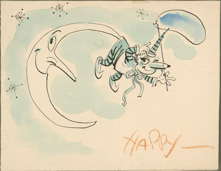 Handmade Christmas card showing a cartoon character hanging off a crescant moon