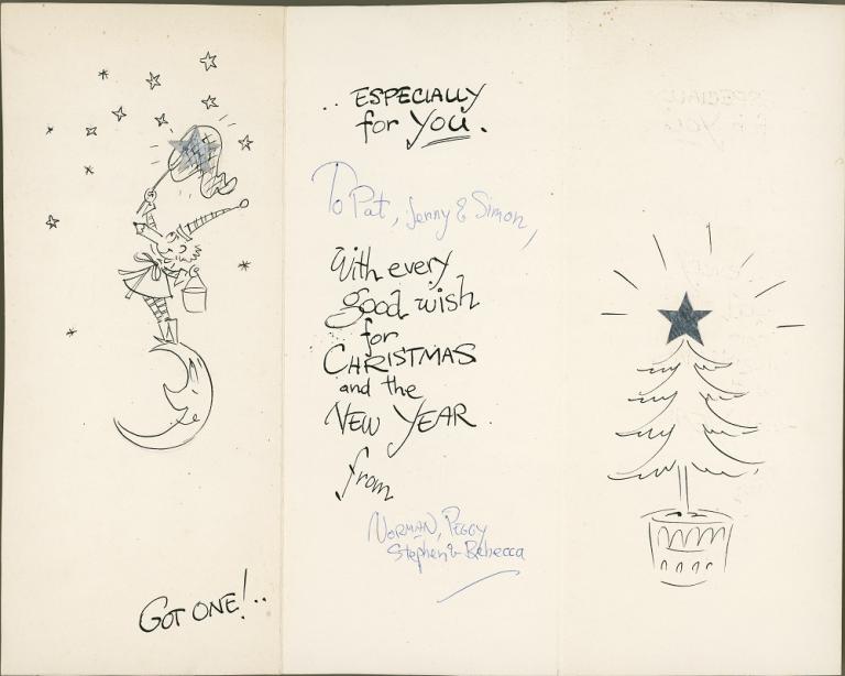 Handmade Christmas card showing Mr Squiggle standing on a moon catching stars and a tree