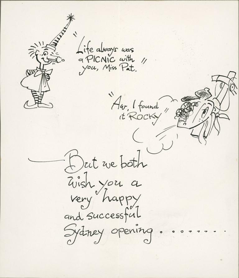 Black and white cartoon characters wishing Pat Lovell good luck