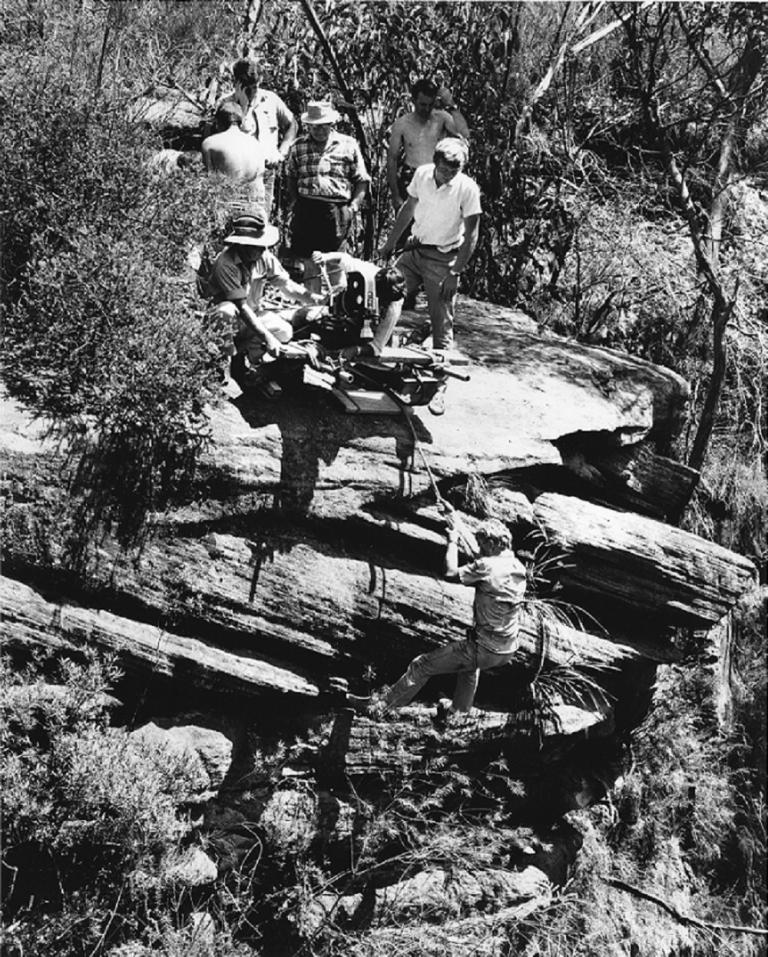 Tony Bonner lowered over a cliff while being filmed for Skippy.