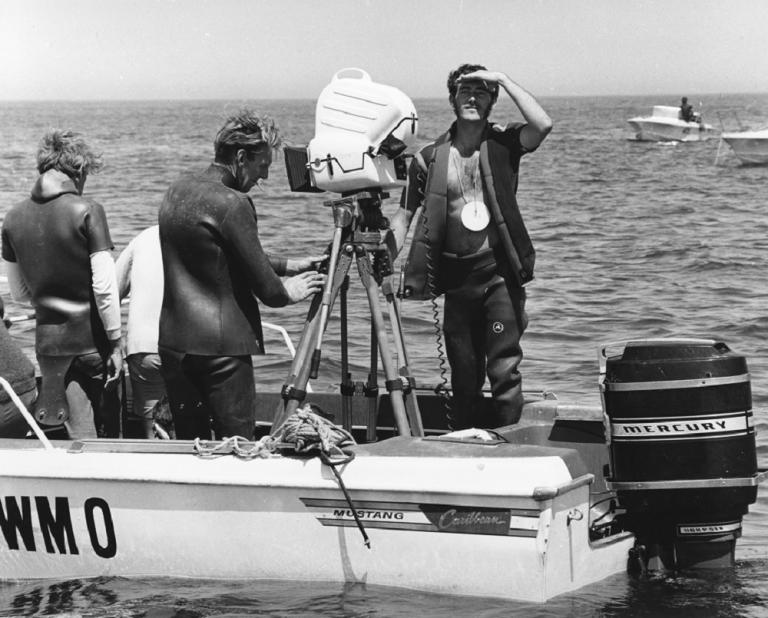 Camera crew at sea setting up for a jet boat sequence.