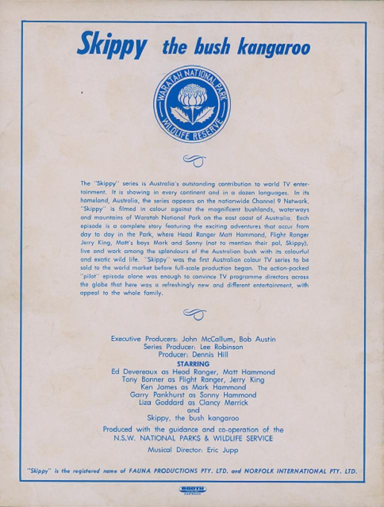 Back cover of the Skippy theme tune sheet music.