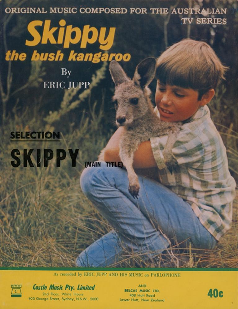 Front cover of Skippy sheet music with image of boy with kangaroo.