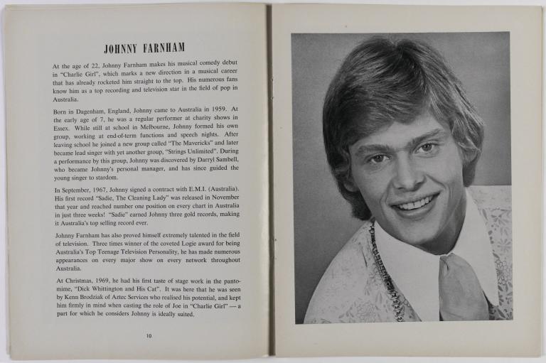 Double page from Charlie Girl theatre program showing a bio and pic of John Farnham.