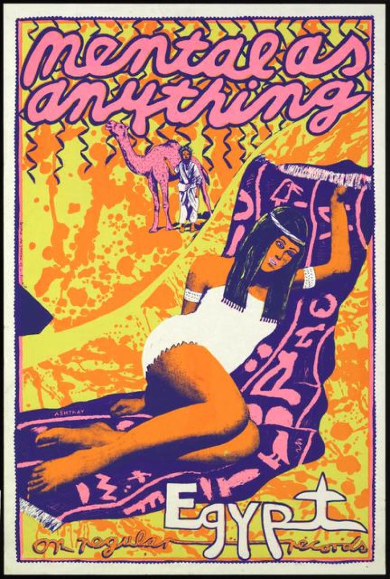 Bright pink, yellow, orange and purple on white poster. Features an image of an Egyptian woman reclining on a rug, a man with a camel in the background. Text: Mental as Anything, Egypt.