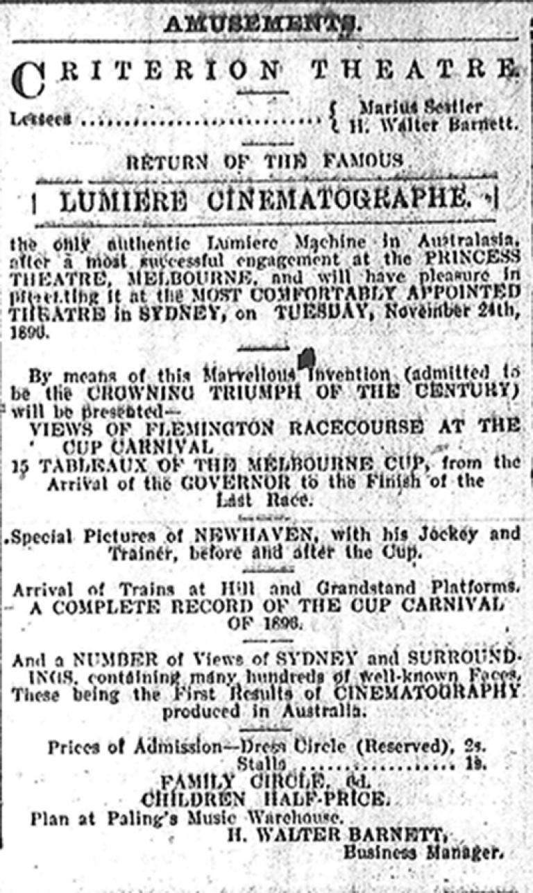 1896 Melbourne Cup screening advertisement, 'Daily Telegraph' 24