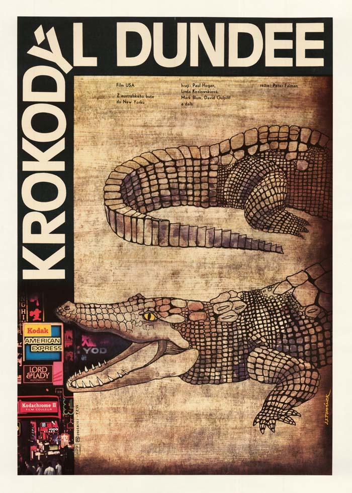 Czech Crocodile Dundee film poster featuring a crocodile opening its jaws and New York City Times Square lights