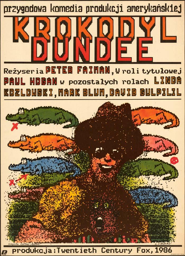 Polish Crocodile Dundee poster Polish poster for Crocodile Dundee featuring eight multi-coloured crocodiles, a smiling man in a hat and sunglasses and someone screaming underneath him