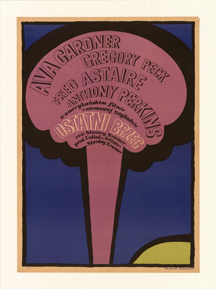 On the Beach Polish film poster showing pink atomic mushroom cloud against a blue background.