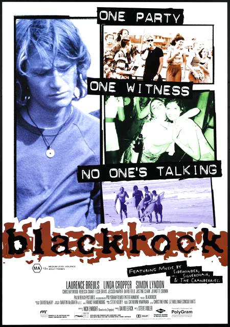 Blackrock film poster Poster from the film Blackrock featuring Jared (Laurence Breuls), photosgraphs of teens and surfers, and the line 'one party, one witness, no one's talking'.