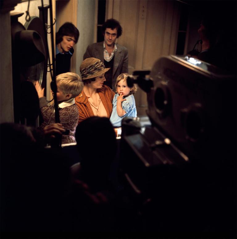Bewhind the scenes photo with the film crew and of Helen Morse with her on-screen children played by Deborah Kounnas and Simon Hinton. Morse is holding Kounnas.