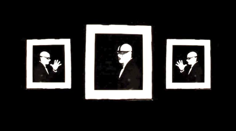 Three black and white portraits of a man in black and white make-up posing for the camera.