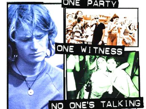 Poster from the film Blackrock featuring Jared (Laurence Breuls), photosgraphs of teens and the line 'one party, one witness, no one's talking'.