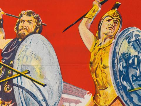 Part of a poster showing a drawing of two men dressed in ancient greek costume holding shields and spears.