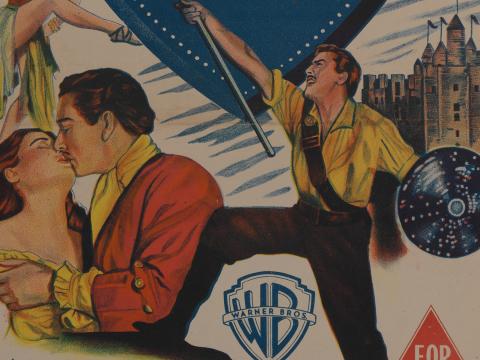 Part of a movie poster showing on one side, a close up of a man kissing a woman, and on the other side, the man holding a shield and a sword.
