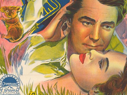 Part of a movie poster showing a close up of a man looking lovingly at a woman. A koala on a tree is in the background.