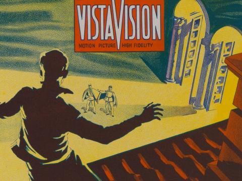 Part of a movie poster showing a drawing of a man standing on a rooftop looking down at two other men on the ground