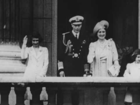 The British Royal Family waving from a balcony, c1940s.