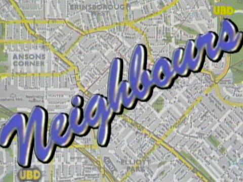 Section of a road map with cursive writing over the top of it that says 'Neighbours'
