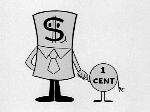 Drawing of two characters representing a dollar bill and a 1-cent coin