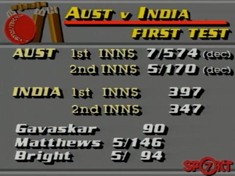 A cricket scorecard on a TV screen showing the tied score of a cricket match between Australia and India