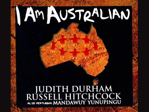 Album cover for the song I am Australian. The artwork features an outline of Australia with a circle of people holding hands.