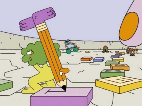 Cartoon figures from a video game, including trees, pencils, letters on tiles and a giant finger.