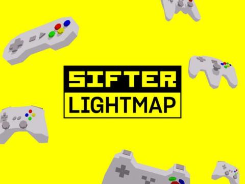 Bright yellow screen with video game controllers floating on it and the words 'Sifter Lightmap' in the centre