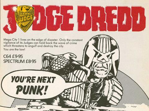 Part of advertisement for a video game called Judge Dredd.