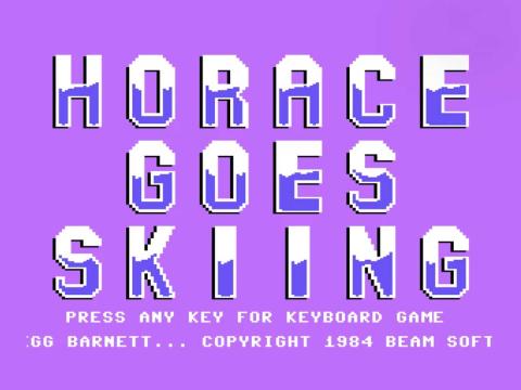 Title screen for a video game with 'Horace goes skiing' written in block letters against a bright purple background.