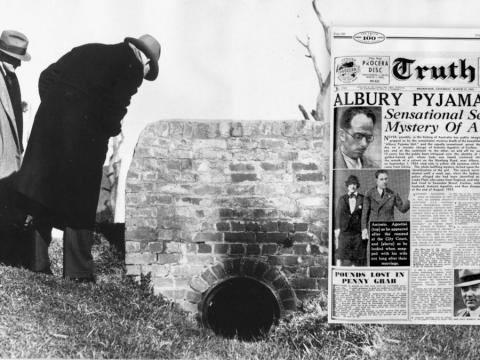 image of police looking down a culvert and an inset of a newspaper 