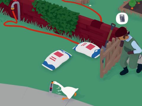 A screenshot from a video game featuring a goose being chased by a farmer