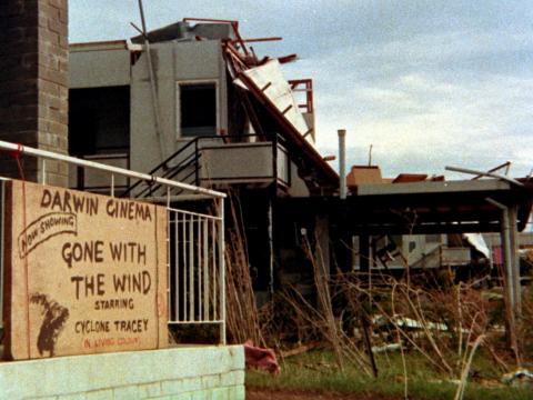 A shot of a damaged cinema in Darwin following Cyclone Tracy in 1974