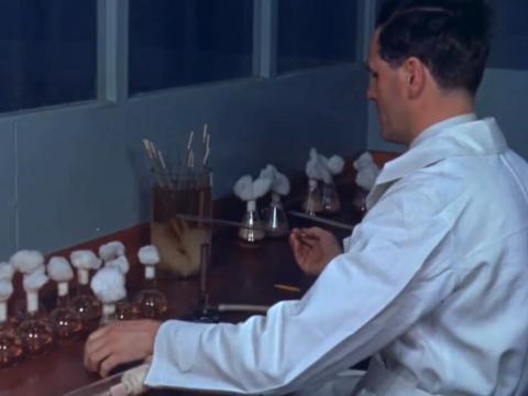 A scientist at work, with various tools, instruments, and vials laid out on the bench in front of him.
