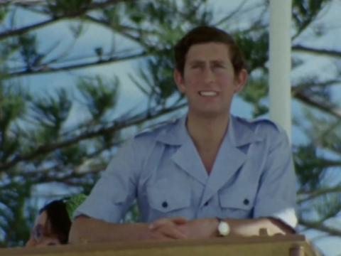 A young King Charles dressed in light blue looks out from under a lifeguard stand shade over the beach